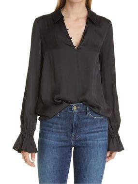 PAIGE Black Silky Satin Long Sleeve Blouse - Size Small